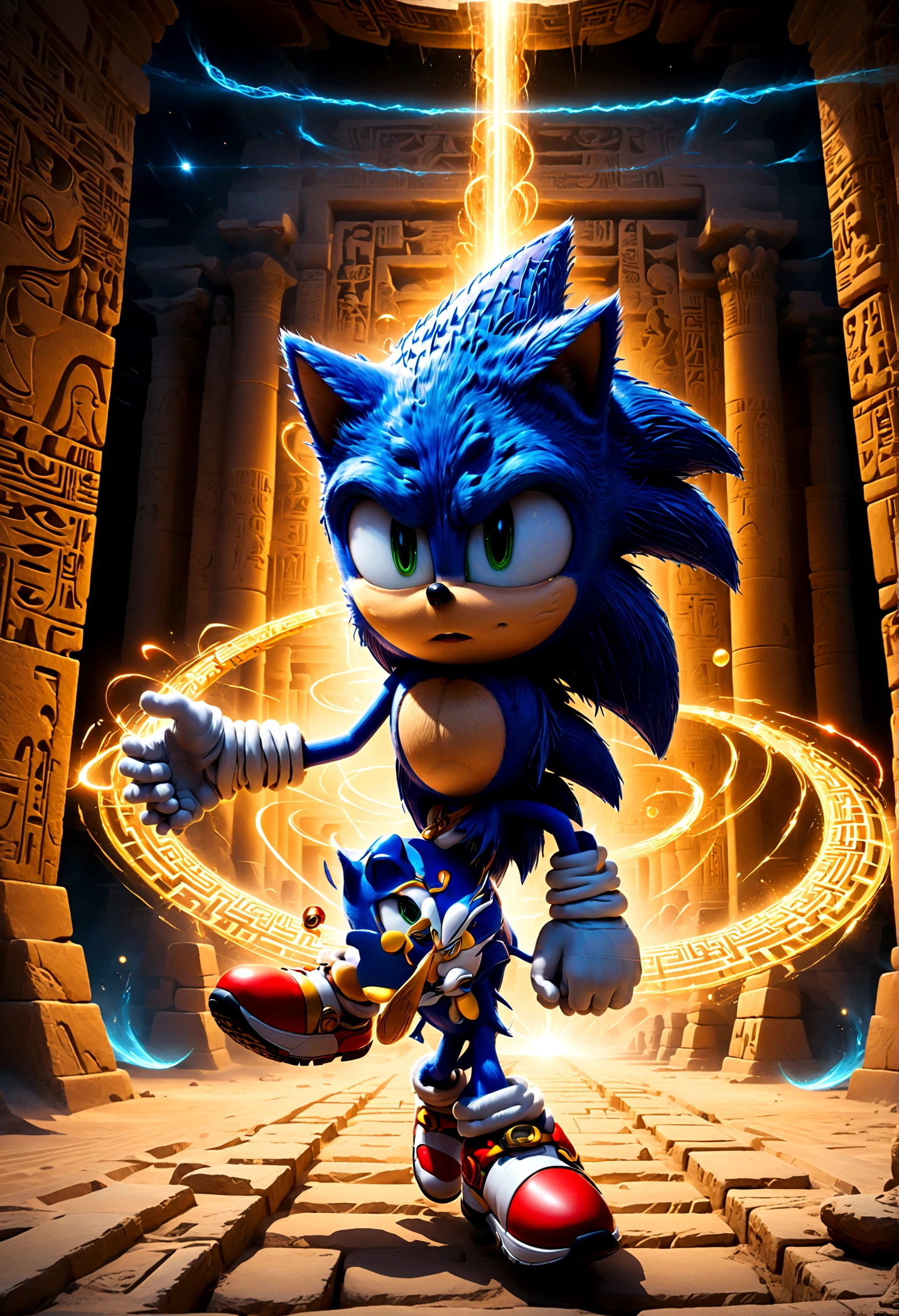 Sonic the Hedgehog, Sonic dashes through the ancient Egyptian pyramids surrounded by mysterious hieroglyphics and complex labyrinth structures. He uses his speed to dodge traps, collect shining rings, solo, Sonic Movie, Motion Blur, action-lines, speed-lines, anime screenshot, source_anime, dramatic composition, cinematic dynamic action scene, vibrant colors, cinematic lighting, dramatic lighting, best quality, masterpiece, very aesthetic, perfect composition, intricate details, ultra-detailed