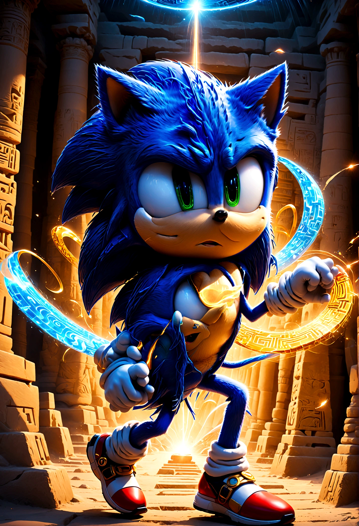 Sonic the Hedgehog, Sonic dashes through the ancient Egyptian pyramids surrounded by mysterious hieroglyphics and complex labyrinth structures. He uses his speed to dodge traps, collect shining rings, solo, Sonic Movie, Motion Blur, action-lines, speed-lines, anime screenshot, source_anime, dramatic composition, cinematic dynamic action scene, vibrant colors, cinematic lighting, dramatic lighting, best quality, masterpiece, very aesthetic, perfect composition, intricate details, ultra-detailed