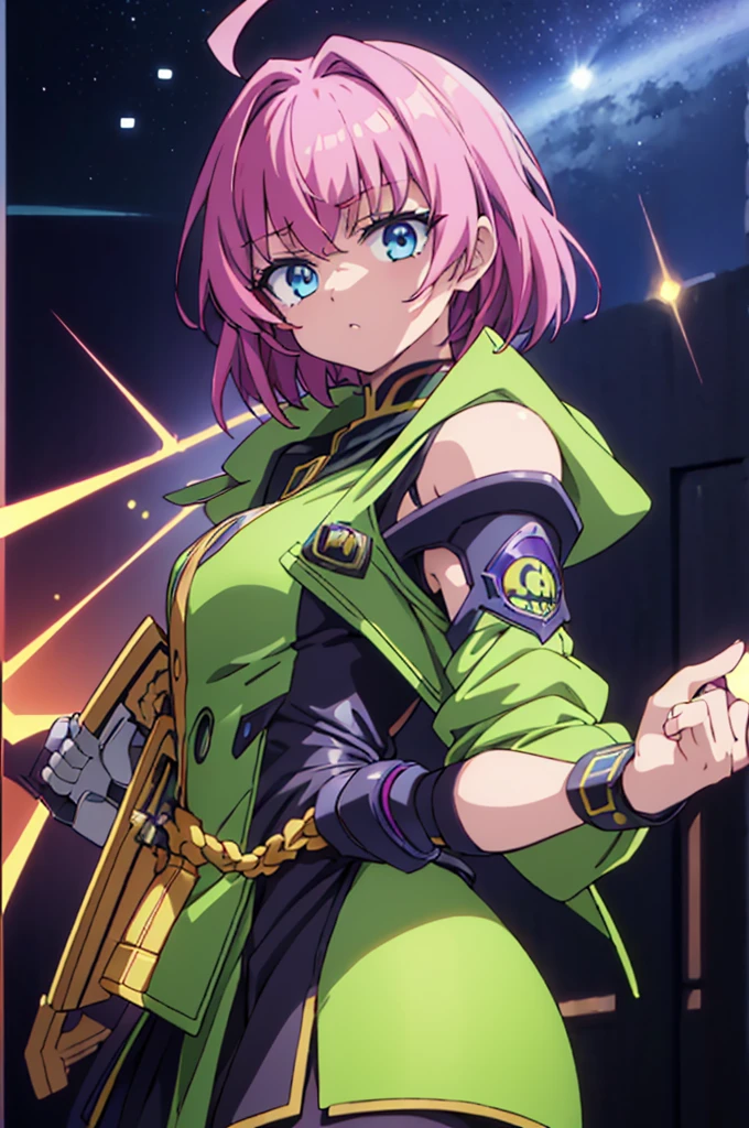 Highest quality, masterpiece, High resolution, alone, （Haman Khan），（機動戦士ZGundam），（Zeon_uniform），（Black‗Mantle），（pink_Hair Color），Gundam，Bob haircut，Bangs‗Hairstyle，Young Girl，Starry Sky_background，Anime Style, Highest quality, 4k, masterpiece,， alone, 1,whole body，looking at the camera, Shinkai Makoto style, Sharp Eyes，（Full Finger）, （Accurate fingertips）, （The finer details）, （Anatomically correct）, (映画のbackground), Hyper Detail, (Subtle details), (Intricate details),