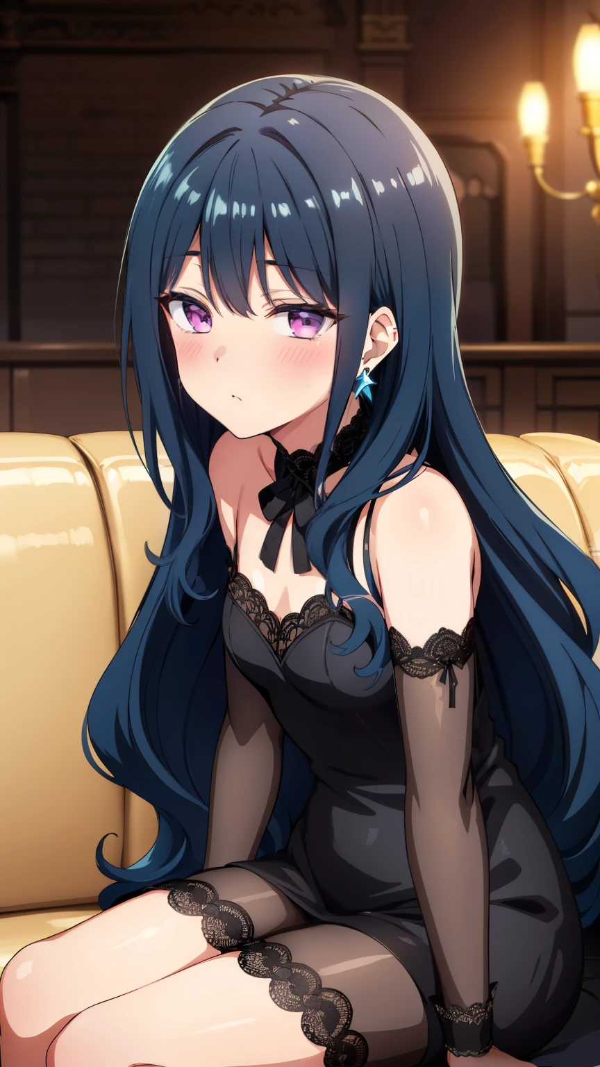 (masterpiece, best quality, high resolution, 8k:1.2),anime art style, nozaki yuu,anime, girl１people, small breasts, (narrowed eyes, eyes half-closed, jitome, rolling eyes :1.2),(eye light: 1.2),closed mouth, blue hair, very long hair, (wavy hair:1.2), purple eyes, beautiful eyes, highly detailed face, Detailed CG, expressionless, solo,((black dress, cabaret dress, lace, earrings, neck lace, blush, sofa, sitting, cabaret hall)), standing, looking at the viewer, in the center of the image, dynamic poses, dynamic angles,