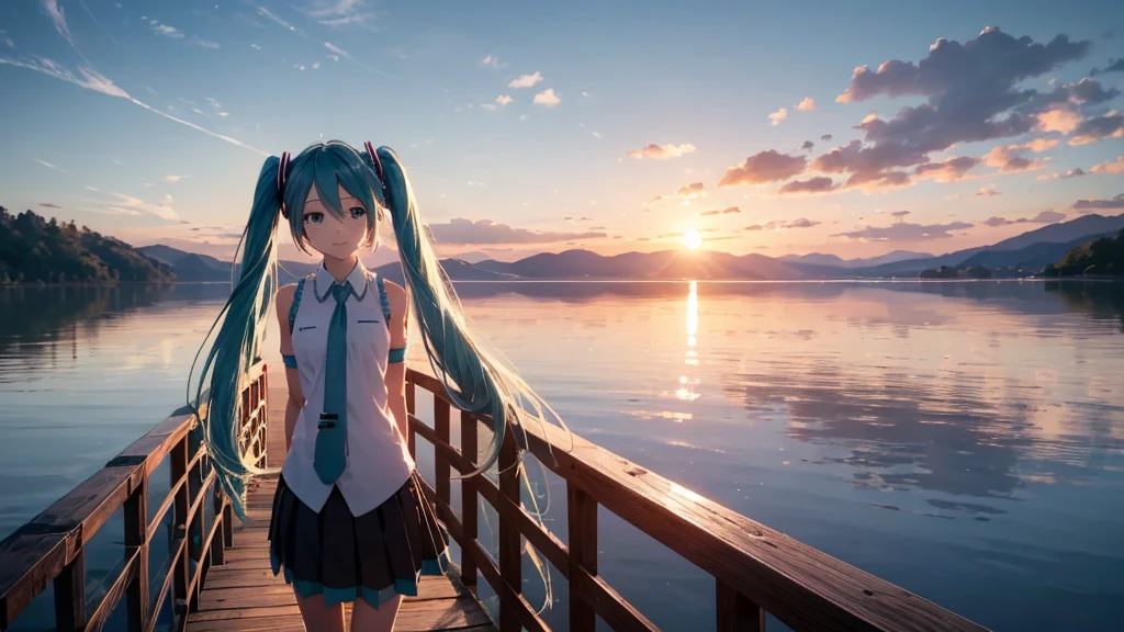 Hatsune Miku in the sunset、Standing on a wooden bridge beside a quiet lake。She is close to the camera、Gazing into the distance with a calm expression。Her hair flutters in the wind、In the background is a calm lake and a sunset sky.。