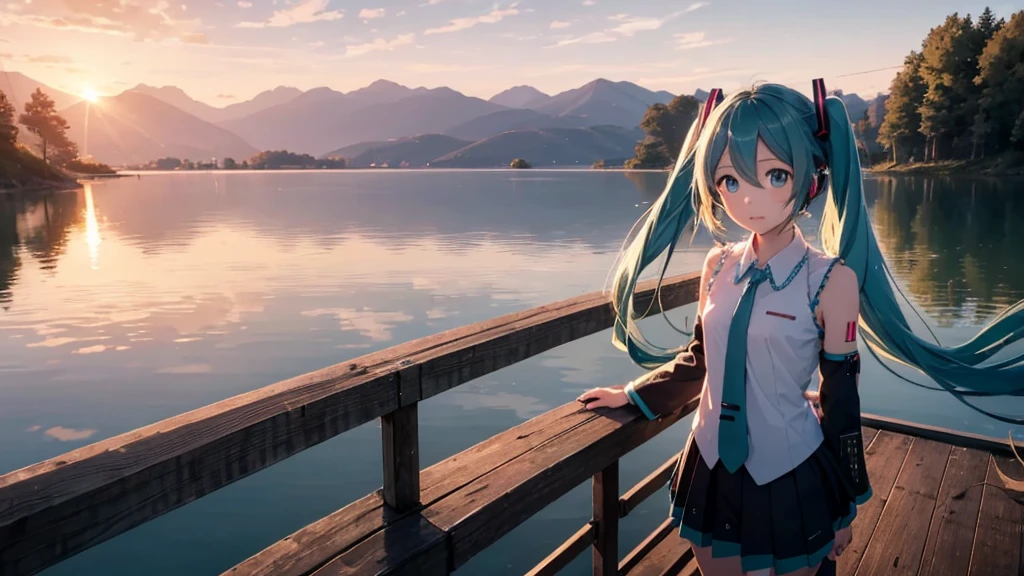 Hatsune Miku in the sunset、Standing on a wooden bridge beside a quiet lake。She is close to the camera、Gazing into the distance with a calm expression。Her hair flutters in the wind、In the background is a calm lake and a sunset sky.。