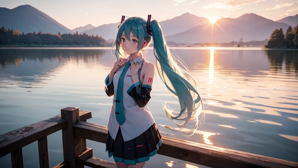 Hatsune Miku in the sunset、Standing on a wooden bridge beside a quiet lake。She is close to the camera、Gazing into the distance with a calm expression。Her hair flutters in the wind、In the background is a calm lake and a sunset sky.。
