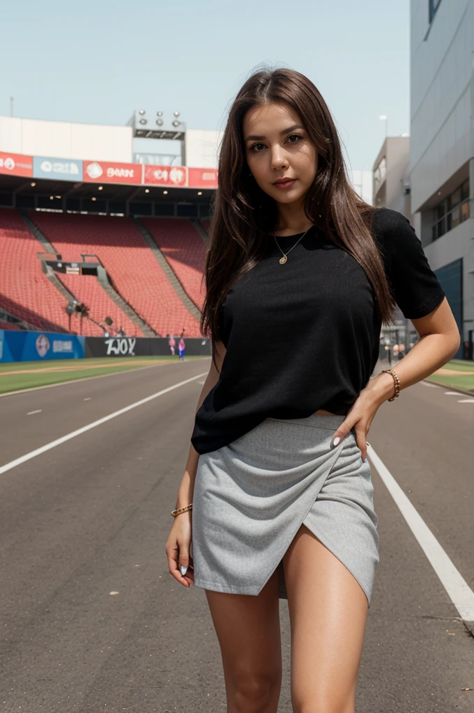 1girl in, 30 years old, Square face, Long hair, Looking at viewer, jewelry, Reality, Sexy, Short skirt outfit, , sports background, free pose