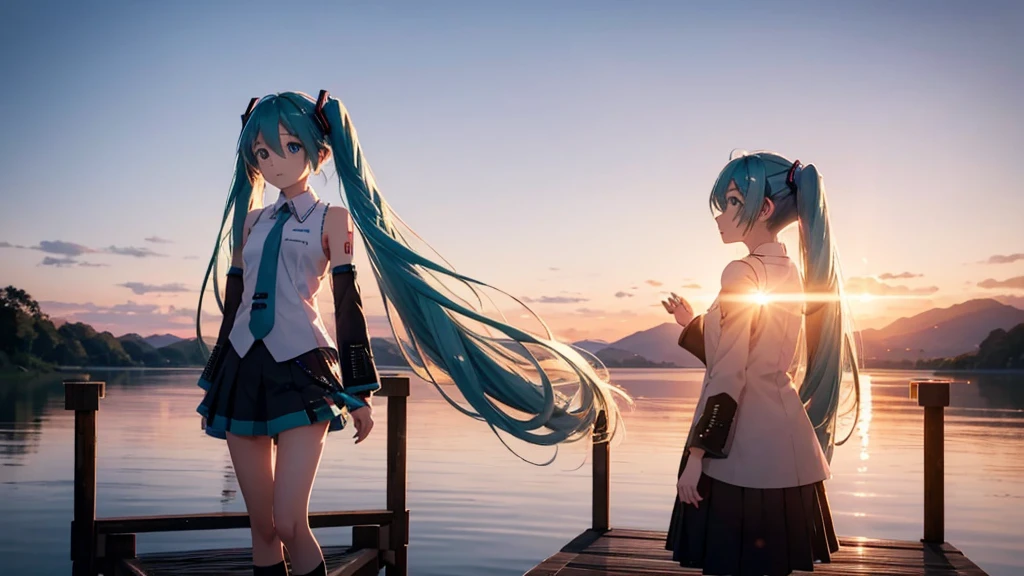 Hatsune Miku in the sunset、Standing on a wooden bridge beside a quiet lake。She is close to the camera、Gazing into the distance with a calm expression。Her hair flutters in the wind、In the background is a calm lake and a sunset sky.。