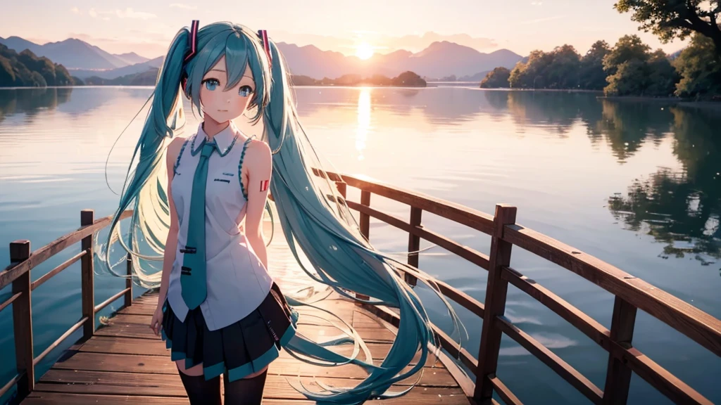 Hatsune Miku in the sunset、Standing on a wooden bridge beside a quiet lake。She is close to the camera、Gazing into the distance with a calm expression。Her hair flutters in the wind、In the background is a calm lake and a sunset sky.。