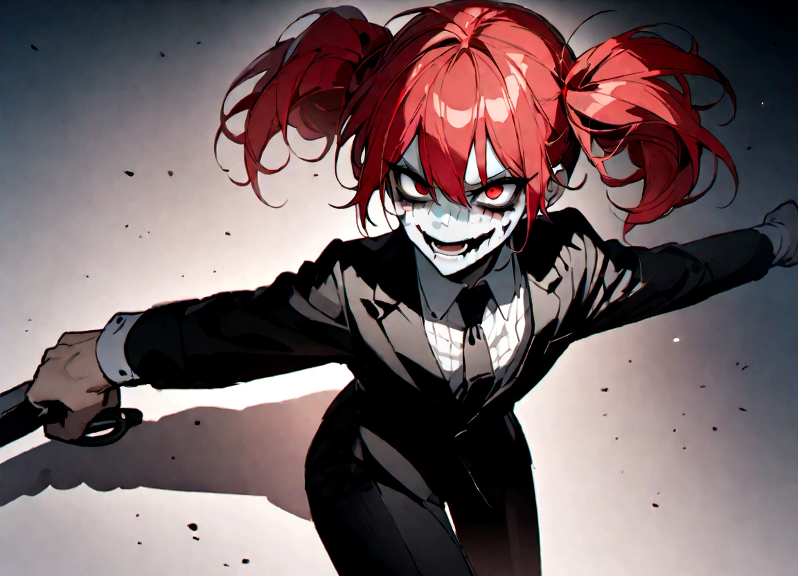 Red hair、Black suit、Black slacks、Wearing leather shoes、Holding a sword、Scary face