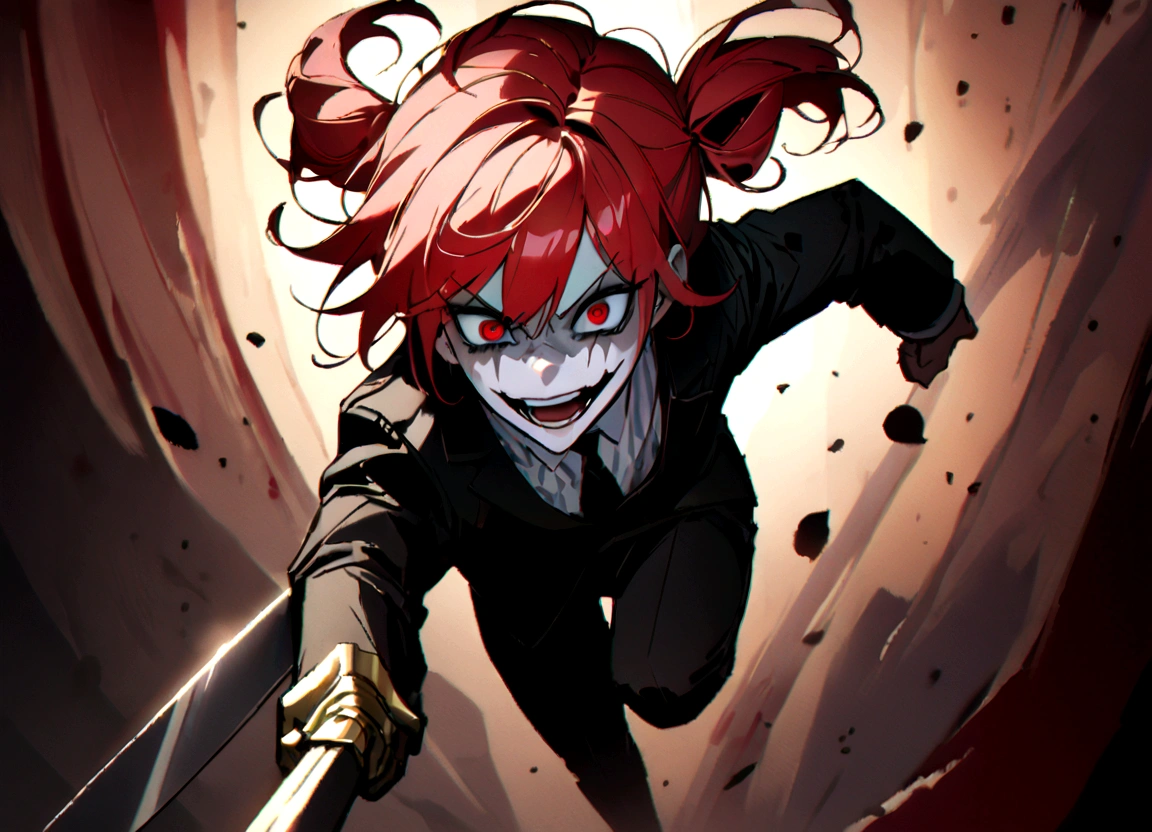 Red hair、Black suit、Black slacks、Wearing leather shoes、Holding a sword、Scary face