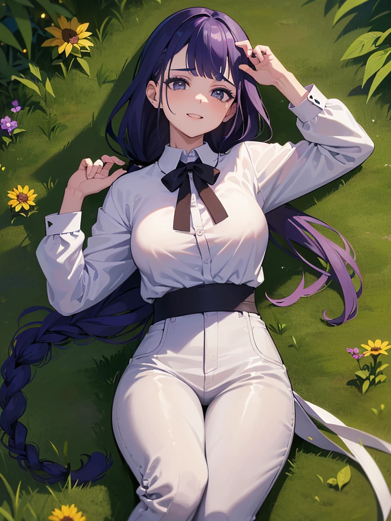 Garota em roupa, peituda, Ahegao((Obra de arte)), (melhor qualidade), lindo, rosto extremamente detalhado,((inexpressivo)),((atitude fria)),((Tsurime)),((tareme)),seios,((mulher madura)),((Shogun Raiden, Sorriso, franja, (big seios:1.2), (olhos roxos:1.2), braid, cabelo roxo, braided ponytail, olhos rodeados, camisa, mangas compridas, white camisa, gravata, collared camisa, pants, black pants, Formal, Terno, black gravata, camisa tucked in, secretary, nsfw, Sex, 1 menino, cum on, gemendo, Bolhas de texto
