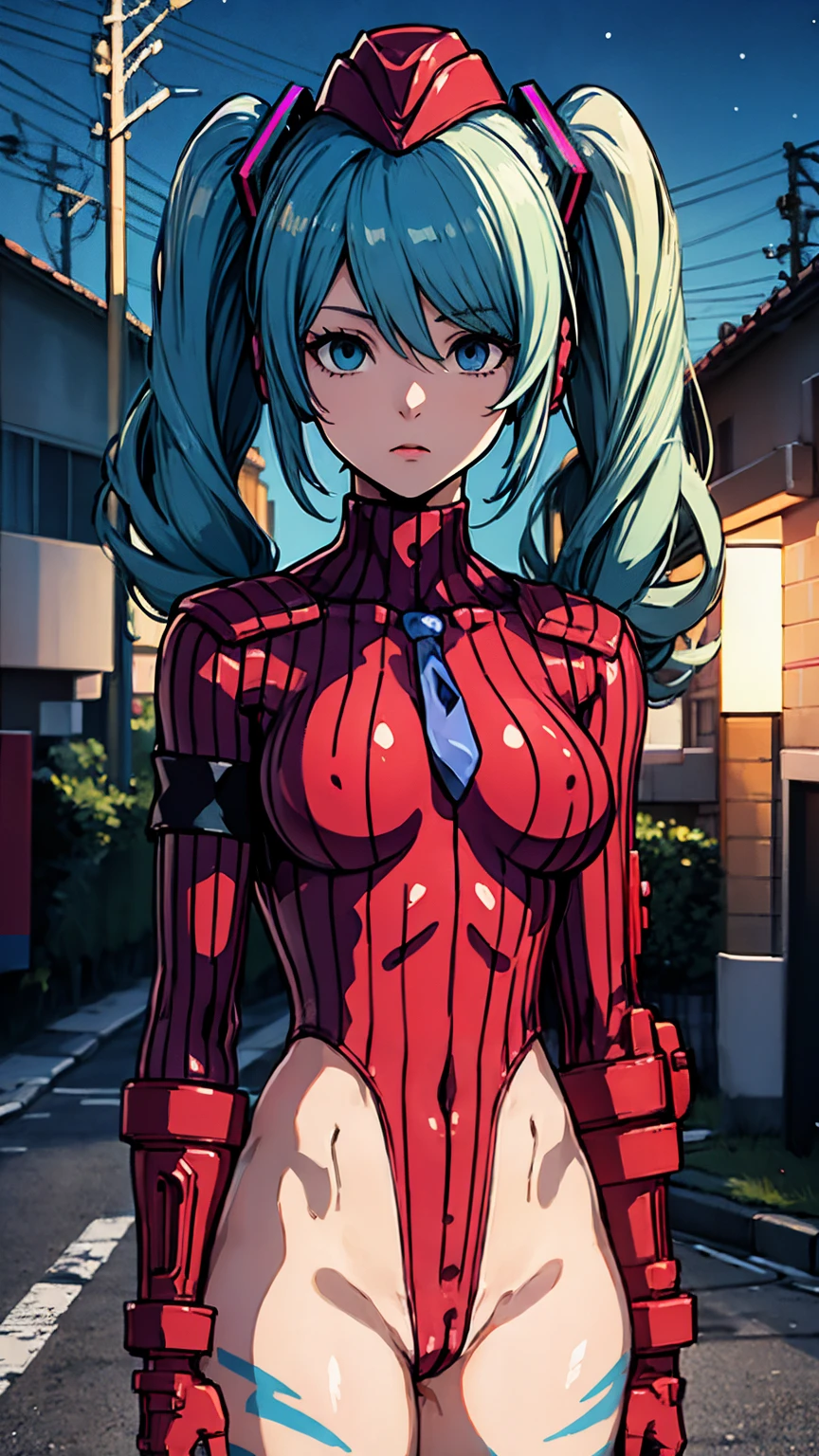{{1 female},{{{{{Tabletop++, Highest quality++, Super detailed+, Ultra-high resolution,(Realistic:1.4)Cowboy Shot,Hatsune Miku, (VOCALOID)RAW Photos,(Hatsune Miku)+,(Hatsune Miku)+, (VOCALOID) Expressionless, Light blue hair, Red eyes ,clavicle, Twin tails, ((black doll suit girl 1.6)),so beautiful, Highest quality, Absurd, One Girl, Brainwashed,}}}} Hollow Eyes,(Eyes glow red :1.4)), ((Big Breasts:1.1))、(The shape of the genitals is clearly visible)) cyber punk, Dark Lab, Dark Room,(Neon Light:1.2), (night:1.5), (Stand up and raise your right arm in a salute, Place your left hand on your hip)