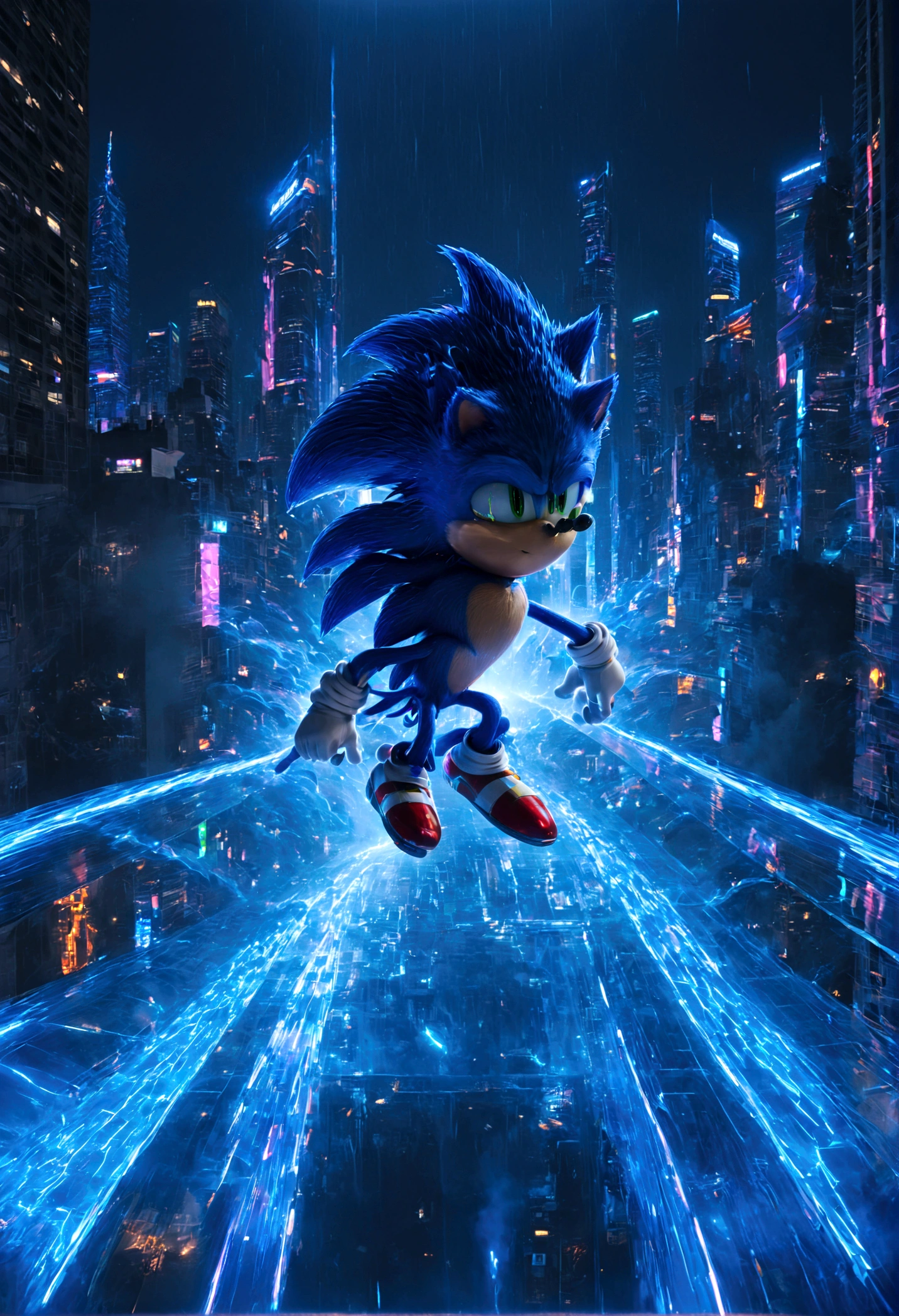 Sonic the Hedgehog, In a futuristic city at night, Sonic runs under flickering neon lights, jumping over gaps between skyscrapers, sliding on transparent glass skywalks, racing against time, leaving dazzling blue trails, solo, Sonic Movie, Motion Blur, action-lines, speed-lines, anime screenshot, source_anime, dramatic composition, cinematic dynamic action scene, vibrant colors, cinematic lighting, dramatic lighting, best quality, masterpiece, very aesthetic, perfect composition, intricate details, ultra-detailed