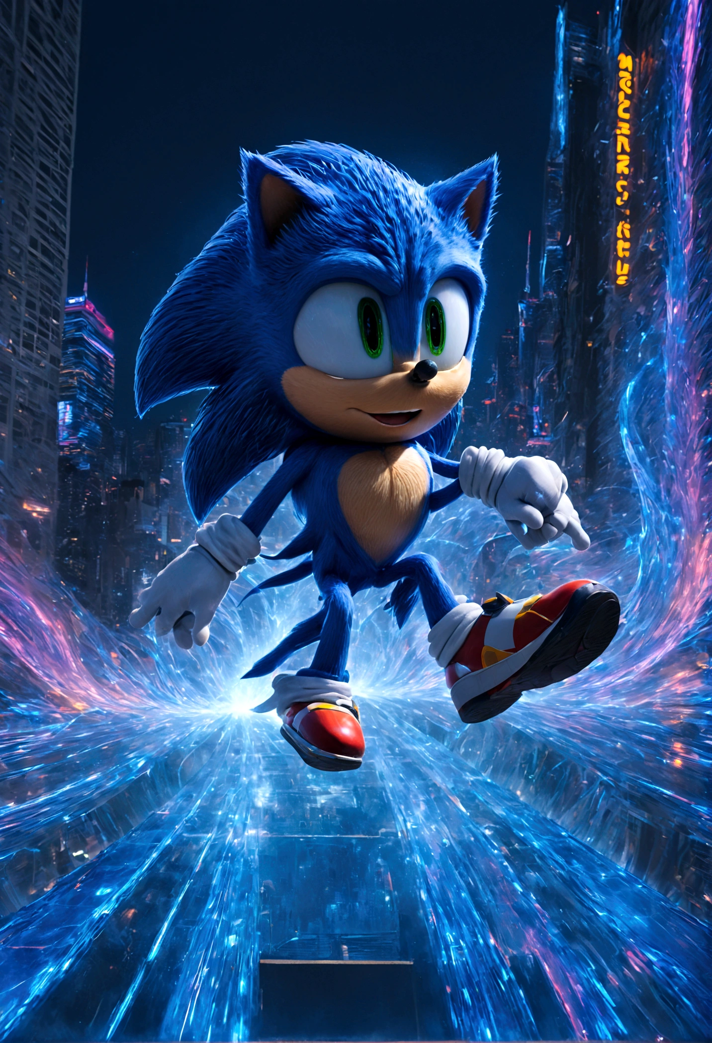 Sonic the Hedgehog, In a futuristic city at night, Sonic runs under flickering neon lights, jumping over gaps between skyscrapers, sliding on transparent glass skywalks, racing against time, leaving dazzling blue trails, solo, Sonic Movie, Motion Blur, action-lines, speed-lines, anime screenshot, source_anime, dramatic composition, cinematic dynamic action scene, vibrant colors, cinematic lighting, dramatic lighting, best quality, masterpiece, very aesthetic, perfect composition, intricate details, ultra-detailed