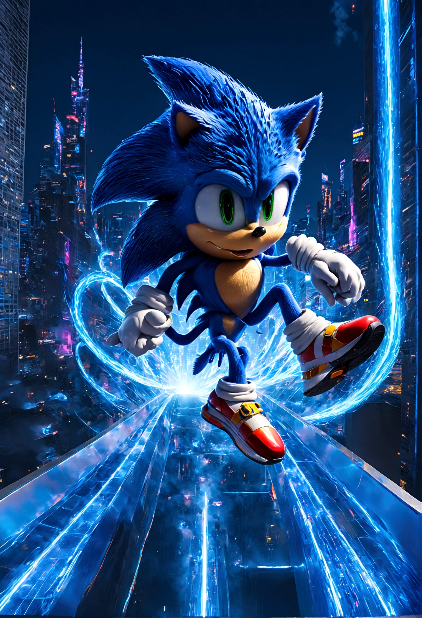 Sonic the Hedgehog, In a futuristic city at night, Sonic runs under flickering neon lights, jumping over gaps between skyscrapers, sliding on transparent glass skywalks, racing against time, leaving dazzling blue trails, solo, Sonic Movie, Motion Blur, action-lines, speed-lines, anime screenshot, source_anime, dramatic composition, cinematic dynamic action scene, vibrant colors, cinematic lighting, dramatic lighting, best quality, masterpiece, very aesthetic, perfect composition, intricate details, ultra-detailed