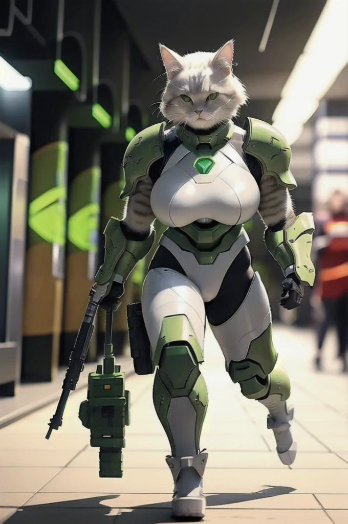 A 21 year old、Strong build、Wearing《Doom》Green Doom Marine armor、Full 、Strong female cat holding giant futuristic rifle,walking down hallway of futuristic space station