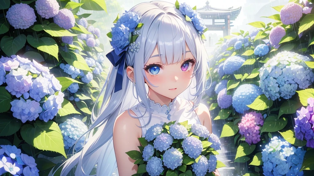 Best quality、Photorealistic、Ultra-detailed、delicate、Orderly、High Detail、Bluish Silver Short Bob、(Drooping heterochromia iris,glowing eyes、Sparkling Eyes:1.3)、slender、(One girl:1.2)、(A girl standing in a temple surrounded by hydrangeas、Girl with a bouquet of hydrangeas、Girl kissing a hydrangea、rain、Dutch Angle:1.3)、wet、Ambient Occlusion、Ambient Light、Ray-traced Reflections、Glow、Shiny Hair、
