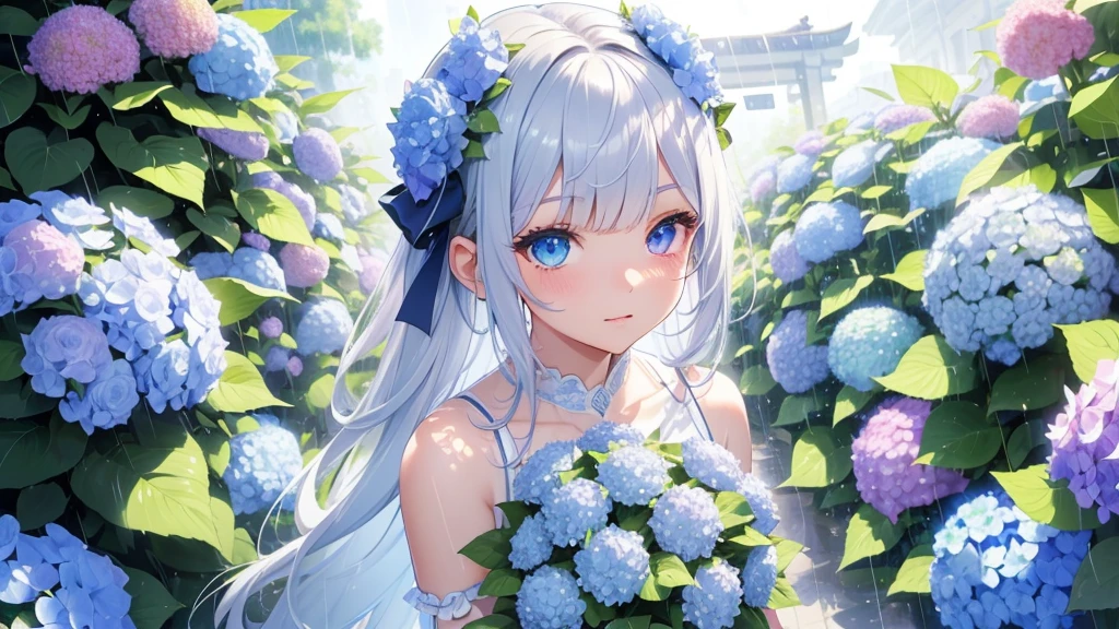 Best quality、Photorealistic、Ultra-detailed、delicate、Orderly、High Detail、Bluish Silver Short Bob、(Drooping heterochromia iris,glowing eyes、Sparkling Eyes:1.3)、slender、(One girl:1.2)、(A girl standing in a temple surrounded by hydrangeas、Girl with a bouquet of hydrangeas、Girl kissing a hydrangea、rain、Dutch Angle:1.3)、wet、Ambient Occlusion、Ambient Light、Ray-traced Reflections、Glow、Shiny Hair、