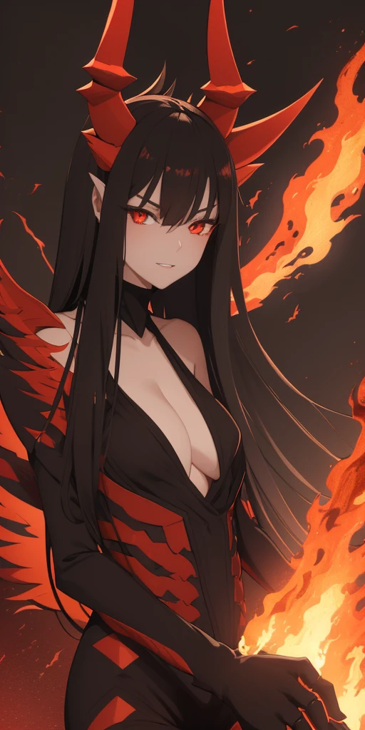 A black and red dragon girl with long, slender ears, two horns on her head, spreading her wings, looking formidable and fierce. There are flames all around.