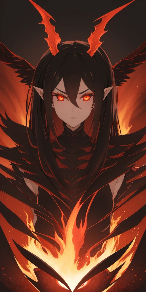 A black and red dragon girl with long, slender ears, two horns on her head, spreading her wings, looking formidable and fierce. There are flames all around.