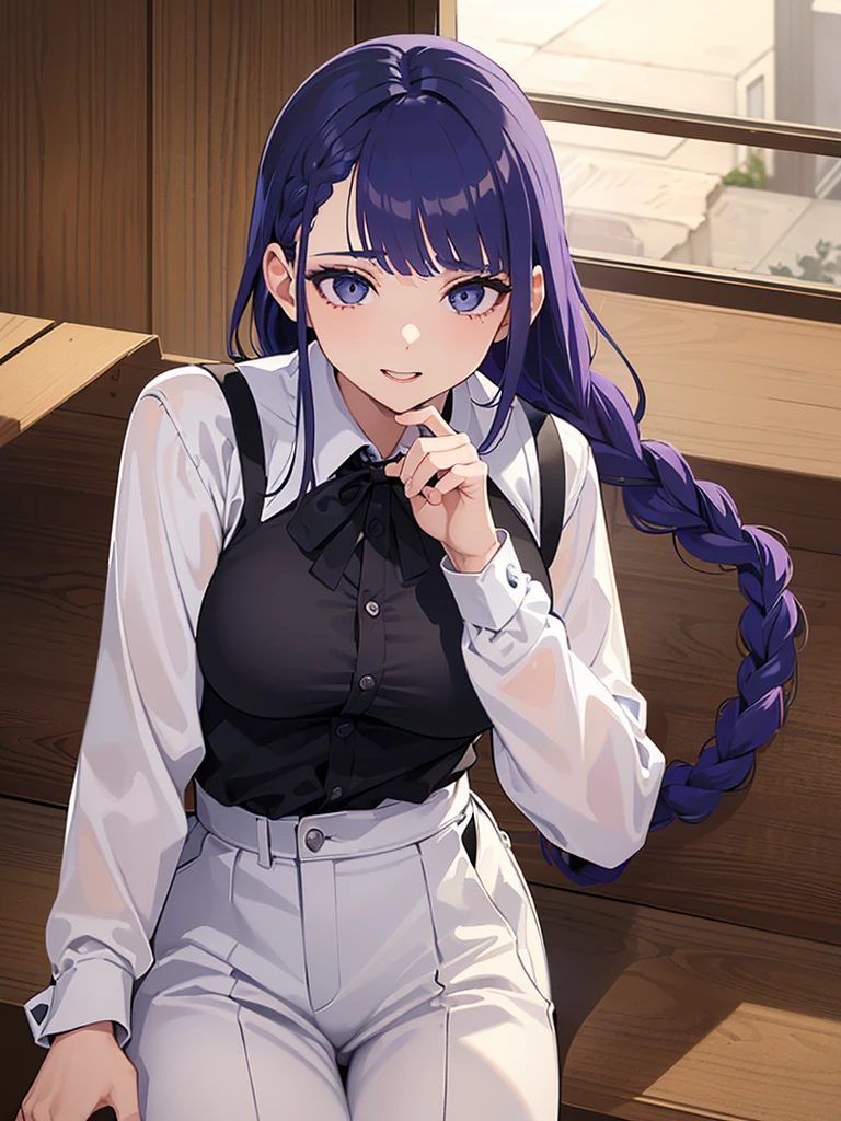 Garota sem roupa, peituda, Ahegao((Obra de arte)), (melhor qualidade), lindo, rosto extremamente detalhado,((inexpressivo)),((atitude fria)),((Tsurime)),((tareme)),seios,((mulher madura)),((Shogun Raiden, Sorriso, franja, (big seios:1.2), (olhos roxos:1.2), braid, cabelo roxo, braided ponytail, olhos rodeados, camisa, mangas compridas, white camisa, gravata, collared camisa, pants, black pants, Formal, Terno, black gravata, camisa tucked in, secretary, nsfw, Sex, 1 , cum on, gemendo, Bolhas de texto