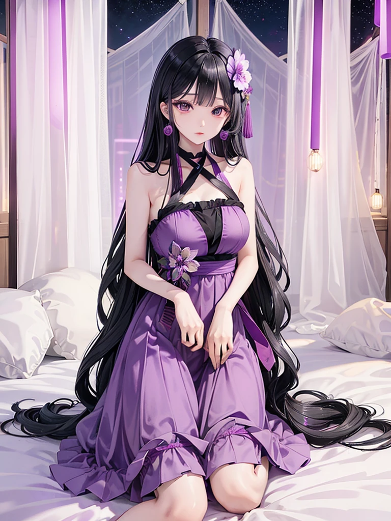 Black Hair、Oriental face、Iris、Light purple dress、One person、Sitting、night、