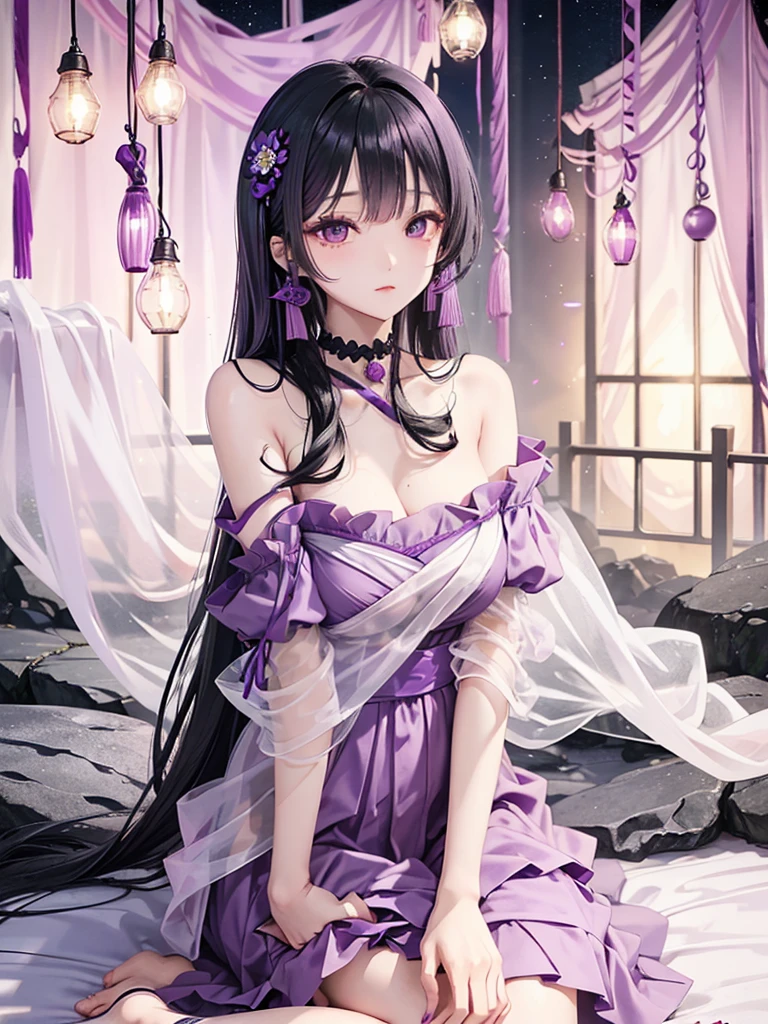 Black Hair、Oriental face、Iris、Light purple dress、One person、Sitting、night、