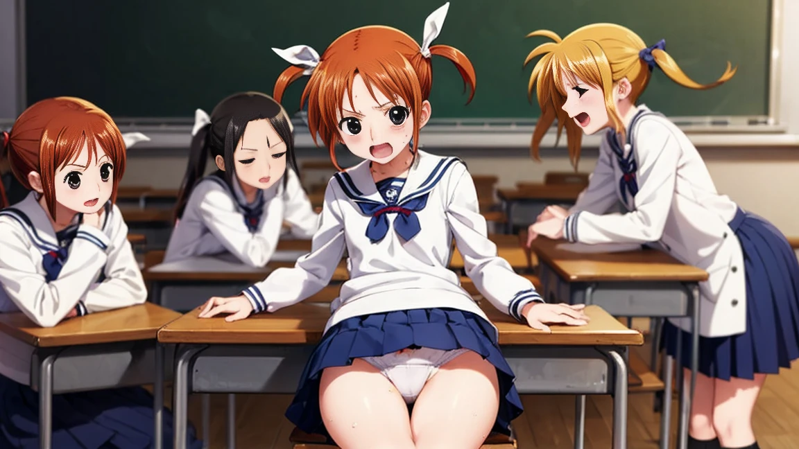 Highest quality,Highest quality,One girl,,Mouth closed,orgasm,blush, Sweat,Nanoha Takamachi,Takamati Nanoha,Twin tails,Hair Ribbon,((One Piece Uniform:1.3)),classroom、White panties、Squat、Look at this、skirt