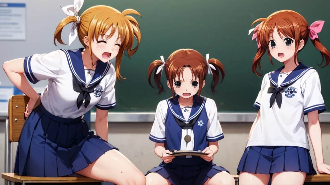 Highest quality,Highest quality,One girl,,Mouth closed,orgasm,blush, Sweat,Nanoha Takamachi,Takamati Nanoha,Twin tails,Hair Ribbon,((One Piece Uniform:1.3)),classroom、White panties、Squat、Look at this、skirt