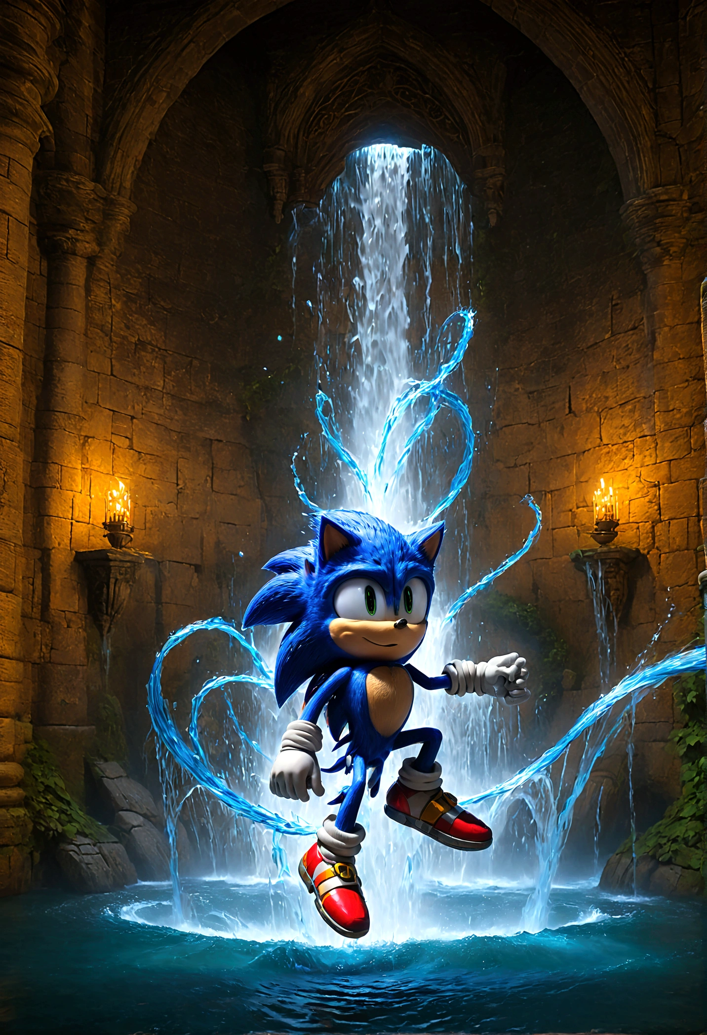 Sonic the Hedgehog, Sonic intrudes into a castle of medieval style, its interior is intricately designed with numerous mechanisms. He not only combats castle guards but also utilizes springs and acceleration belts within the environment, leaping over moats, facing enemies deep inside the castle, solo, Sonic Movie, Motion Blur, action-lines, speed-lines, anime screenshot, source_anime, dramatic composition, cinematic dynamic action scene, vibrant colors, cinematic lighting, dramatic lighting, best quality, masterpiece, very aesthetic, perfect composition, intricate details, ultra-detailed