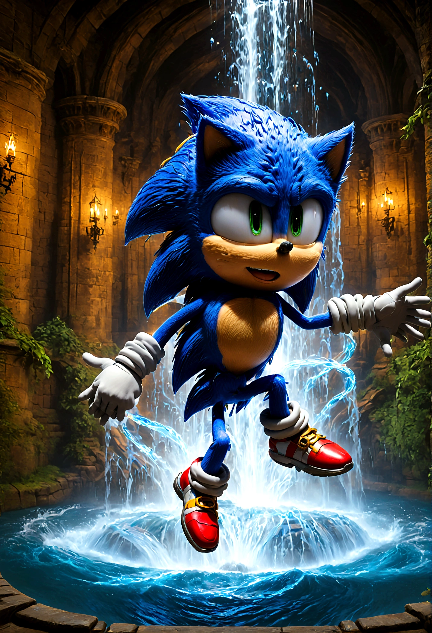 Sonic the Hedgehog, Sonic intrudes into a castle of medieval style, its interior is intricately designed with numerous mechanisms. He not only combats castle guards but also utilizes springs and acceleration belts within the environment, leaping over moats, facing enemies deep inside the castle, solo, Sonic Movie, Motion Blur, action-lines, speed-lines, anime screenshot, source_anime, dramatic composition, cinematic dynamic action scene, vibrant colors, cinematic lighting, dramatic lighting, best quality, masterpiece, very aesthetic, perfect composition, intricate details, ultra-detailed