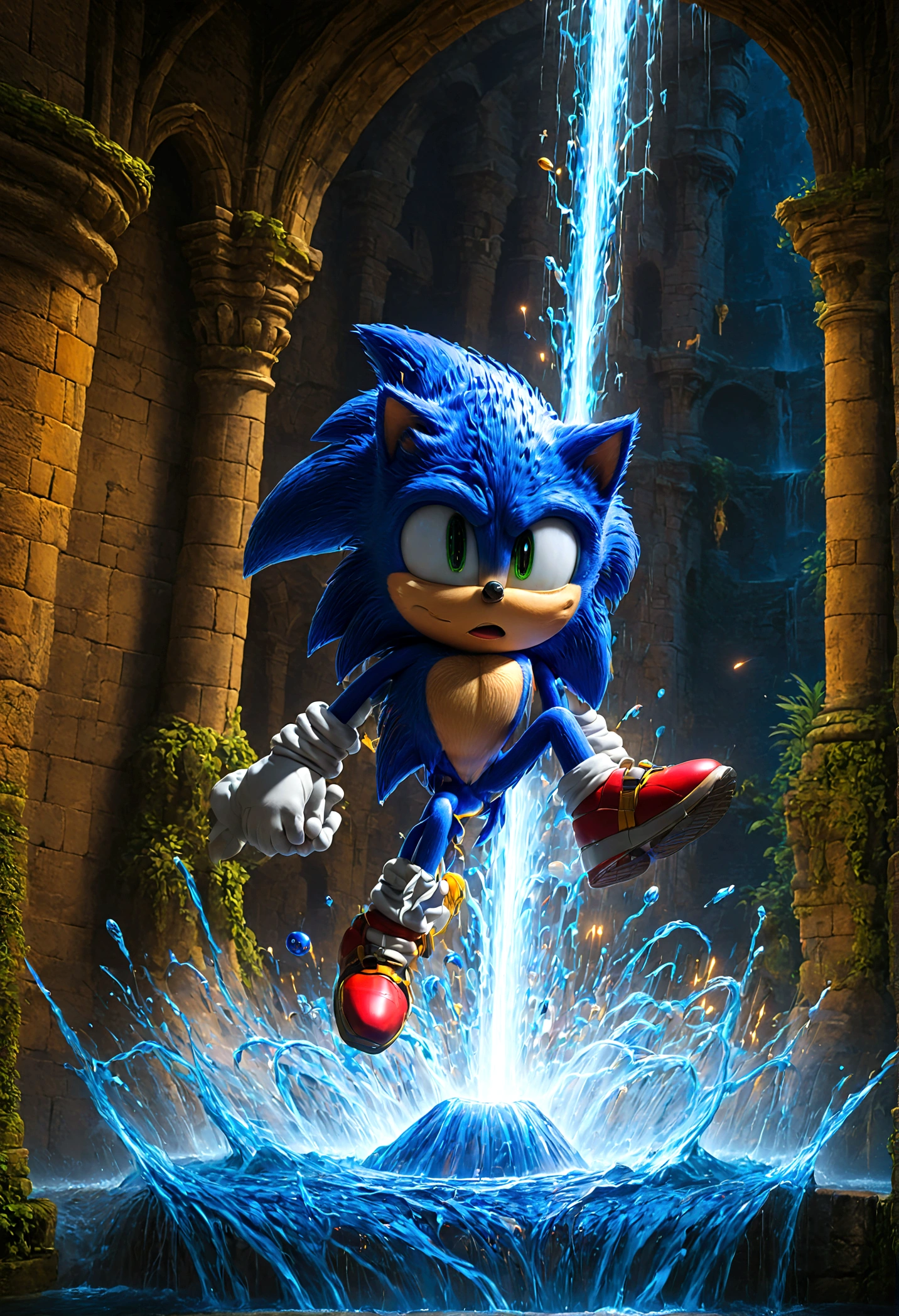 Sonic the Hedgehog, Sonic intrudes into a castle of medieval style, its interior is intricately designed with numerous mechanisms. He not only combats castle guards but also utilizes springs and acceleration belts within the environment, leaping over moats, facing enemies deep inside the castle, solo, Sonic Movie, Motion Blur, action-lines, speed-lines, anime screenshot, source_anime, dramatic composition, cinematic dynamic action scene, vibrant colors, cinematic lighting, dramatic lighting, best quality, masterpiece, very aesthetic, perfect composition, intricate details, ultra-detailed