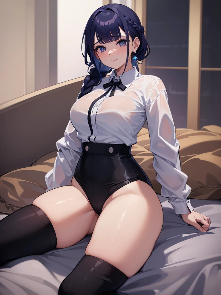 Garota sem roupa, peituda, Ahegao((Obra de arte)), (melhor qualidade), lindo, rosto extremamente detalhado,((inexpressivo)),((atitude fria)),((Tsurime)),((tareme)),seios,((mulher ura)),((Shogun Raiden, Sorriso, franja, (big seios:1.2), (olhos roxos:1.2), braid, cabelo roxo, braided ponytail, olhos rodeados, camisa, mangas compridas, white camisa, gravata, collared camisa, pants, black pants, Formal, Terno, black gravata, camisa tucked in, secretary, nsfex, 1 menino,n, gemendo, Bolhas de texto