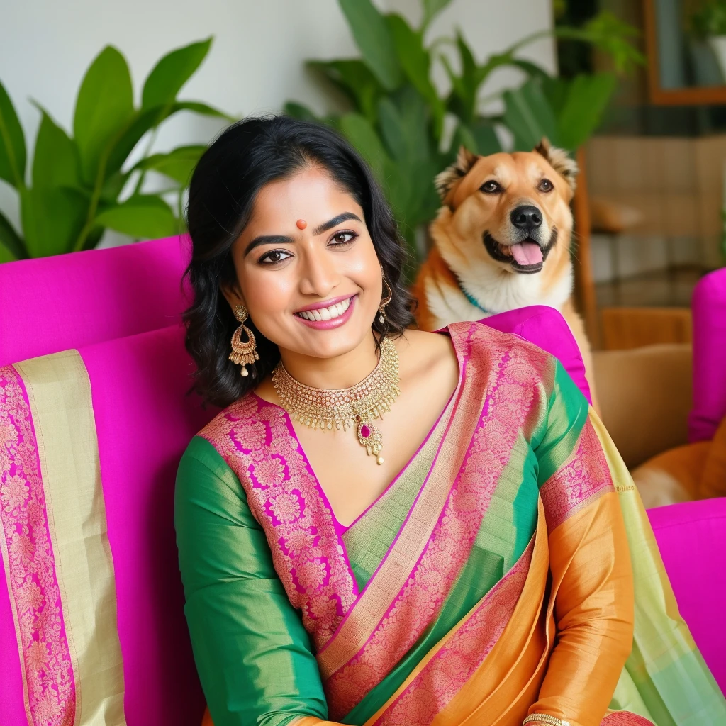 smiling woman sitting on a couch with a dog and a indian silk saree, 🦩🪐🐞👩🏻🦳, colourful, beautiful look, with lovely look, omg, f1,ad image, official, stylish pose, [ colourful, nag, cute beautiful, very extremely beautiful, beautiful cute, candid picture, a still of a happy, actress,