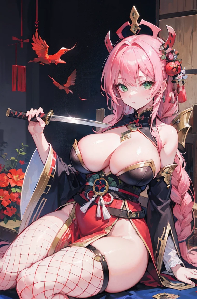 4K,high resolution,one woman,pink hair,long hair,braid,green eyes,big breasts,Naga queen,白色のNaga queen服,removable arms,white samurai armor,full armor,Heavy armor,black fishnet stockings,decorative ornaments,large Japanese sword,Medieval Village