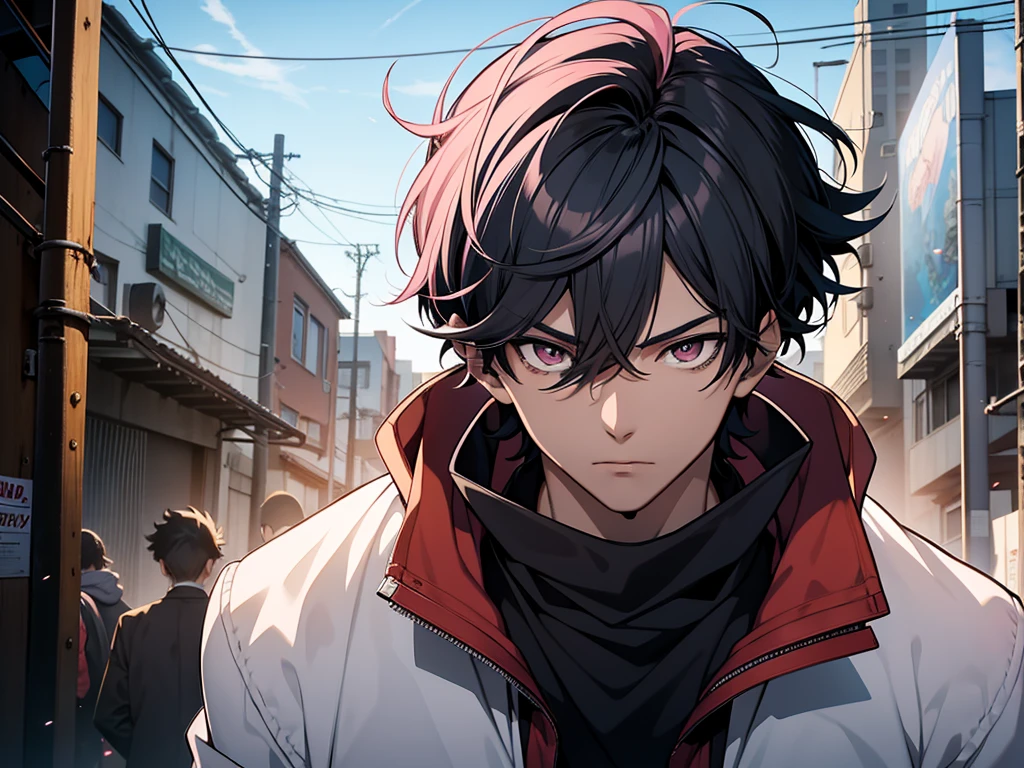 a boy , Face Focus, Single character, Tall anime man,With deep pink eyes, Cool anime poses, Anime Illustrations, Kentaro Miura style, Kentaro Miura's artistic style, Young anime man, Inspired by Okumura Tougyu, He was nearby, Anime handsome man, Looking at the audience, high resolution, Super sharp, 8K, masterpiece,surprise