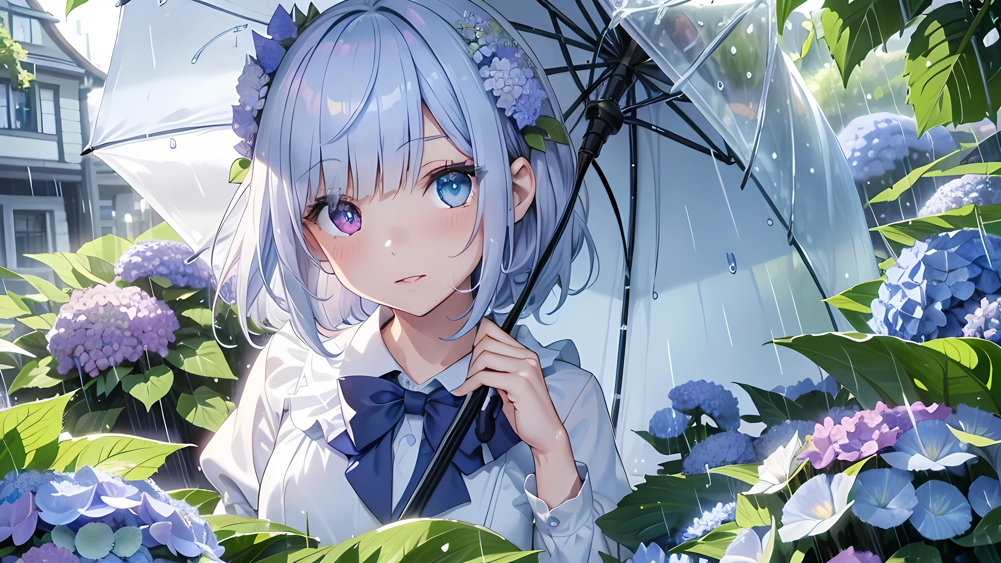 Best quality、Photorealistic、Ultra-detailed、delicate、Orderly、High Detail、Bluish Silver Short Bob、(Drooping heterochromia iris,glowing eyes:1.2)、slender、(One girl:1.2)、(Girl buried in hydrangeas、umbrella、rain、wet、Dynamic Angle、Dutch Angle、school uniform:1.3)、Ambient Occlusion、Ambient Light、Ray-traced Reflections、Glow、Shiny Hair、
