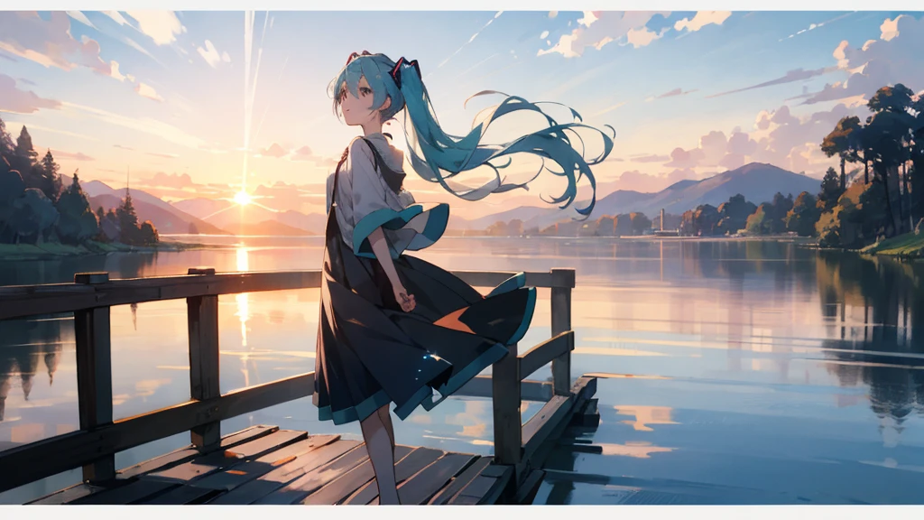 Hatsune Miku in the sunset、Standing on a wooden bridge beside a quiet lake。She is close to the camera、Gazing into the distance with a calm expression。Her hair flutters in the wind、In the background is a calm lake and a sunset sky.。
