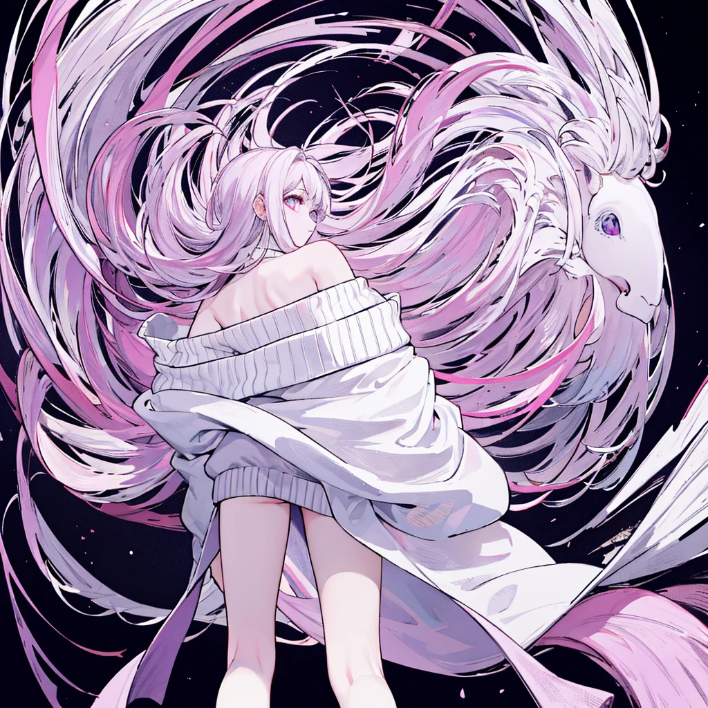((Best quality)), ((masterpiece)), (detailed), beautiful sweet girl, night, slender legs, long off-shoulder sweater, albino, violet eyes View from the back of a girl
