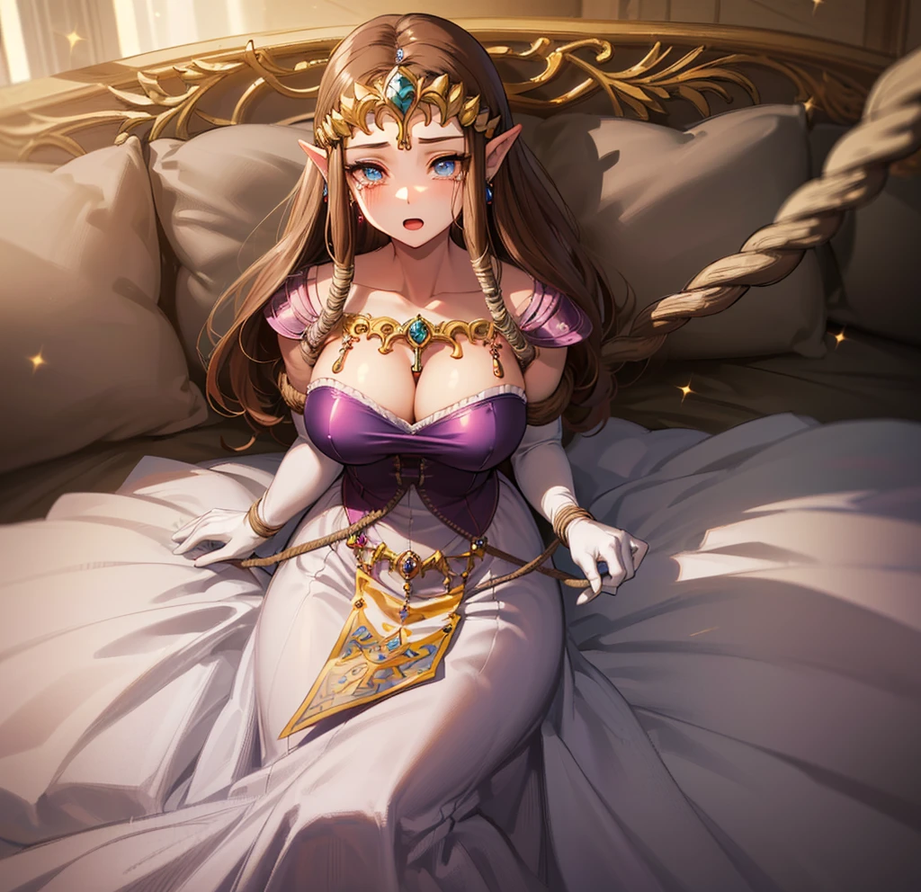 ((((Body is restrained)))),((((overhead shot)))))),((Very detailedな手)),((Princess Zelda)),((Twilight Princess)),))),(Lie down in bed),((Are crying)),((Purple blouse)),(((((Lots of rope))))),((Dark brown hair)),Anime art style,masterpiece,(Highest quality), ((Scared)),(Very detailed),(Very delicate and beautiful),(alone),,(Detailed face and eyes),((((((Beautiful eyes like jewels))))),(Torn underwear),(((Mature Woman,Queen)))),((crinoline)),Absolutely gorgeous highly detailed rococo ball gown dress with ruffled voluminous full length hoop skirt,((Straight hair)),(),Cleavage,length_gloves,Very gorgeous hair accessories、,((Gorgeous Glitter Jewelry)),