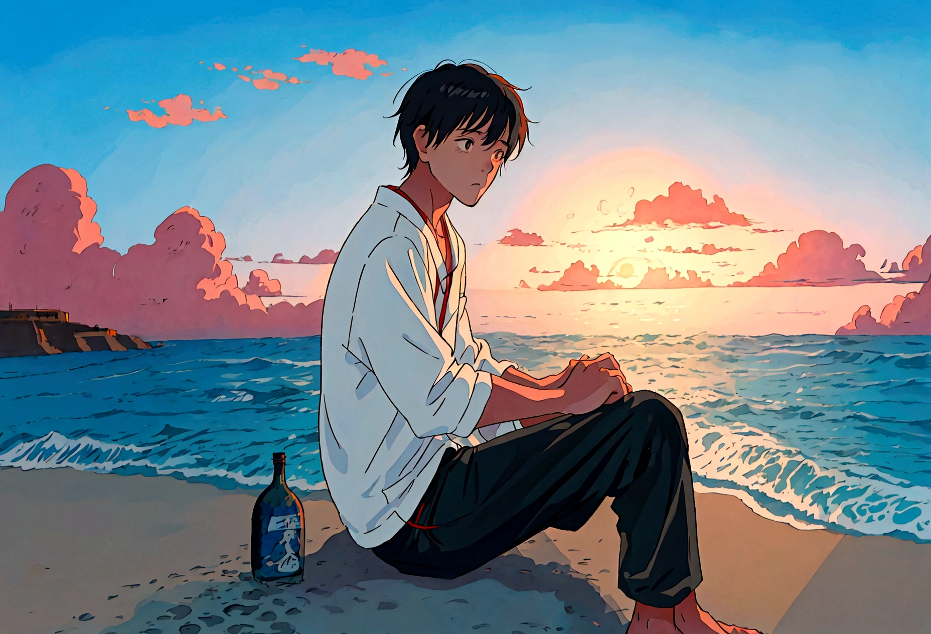 Studio Ghibli Style HMC, Illustrator, sad ,20 year old black boy, He was sitting on the beach watching the sunset over the ocean.