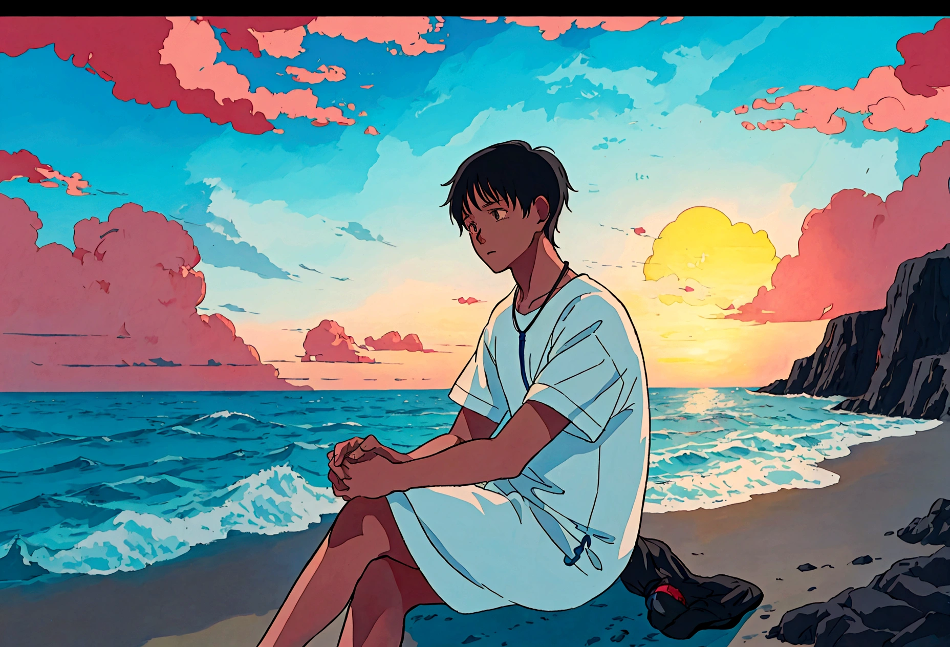 Studio Ghibli Style HMC, Illustrator, sad ,20 year old black boy, He was sitting on the beach watching the sunset over the ocean.