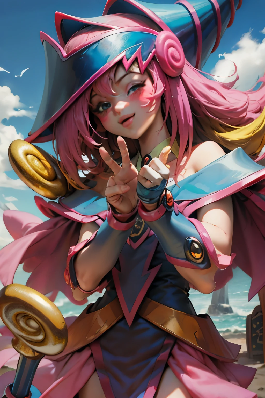 Hermoso rostro de dark magician gils, ojos azules. Labios rosados. Cabello rubio y largo. Ombros descubiertos, sonrisa angelical, hermoso rostro bien detallados de dark magician gils. With his hands he makes the sign of love and peace. His hands make a sign of peace and love.