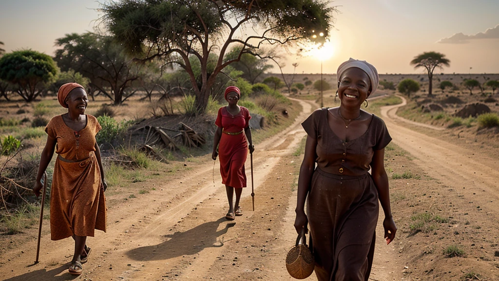 200 year old lady in Africa with a cane in her hand laughing at another woman who is weighing in there too, the lady is walking on a dirt road with the sun burning her skin, her skin has to be red