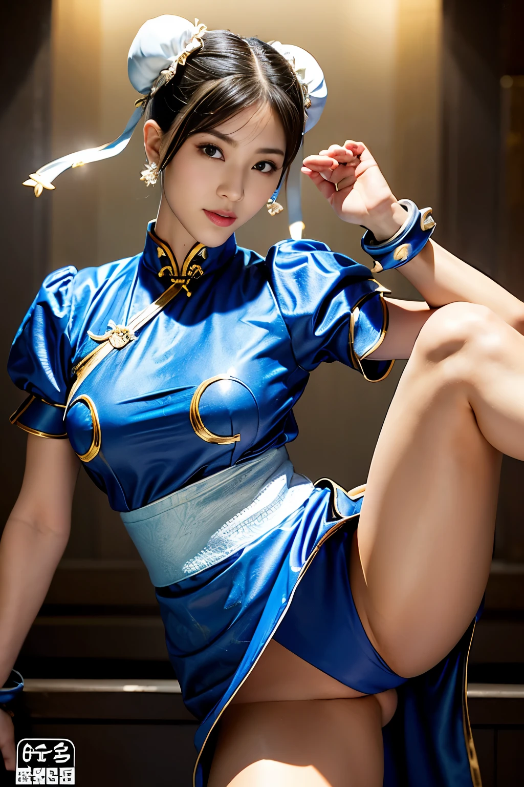 《Street Fight II》Chun-Li,Perfect Chun-Li Costume,Blue and gold thread cheongsam,Bun head,Good cover,Fighting Stance,ハイKick,Kick、Lift your legs,masterpiece、1 beautiful girl、beautiful eyes、Puffy eyes、best quality, 超high resolution, (Reality: 1.4), light、Super beautiful、Beautiful skin、turn body forward、(超Reality的な)、(high resolution)、(8K)、(Very detailed)、(美しくbeautiful eyes)、(Super detailed)、 (wall-)、Delicate face、明亮的light、Professional lighting、Looking at the audience、Direct vision、Tilted stone sculpture, best quality, masterpiece, best quality, Perfect face, Perfect brown eyes and white sclera, Bad Move - 5, Solitary, 1 girl, Upper Body, brown hair, From SF2, Chinese service, Smile, muscular woman, Blue clothes, Pantyhose, Pelvic Curtain, Full short sleeves, Good cover, sash, Evaluate: