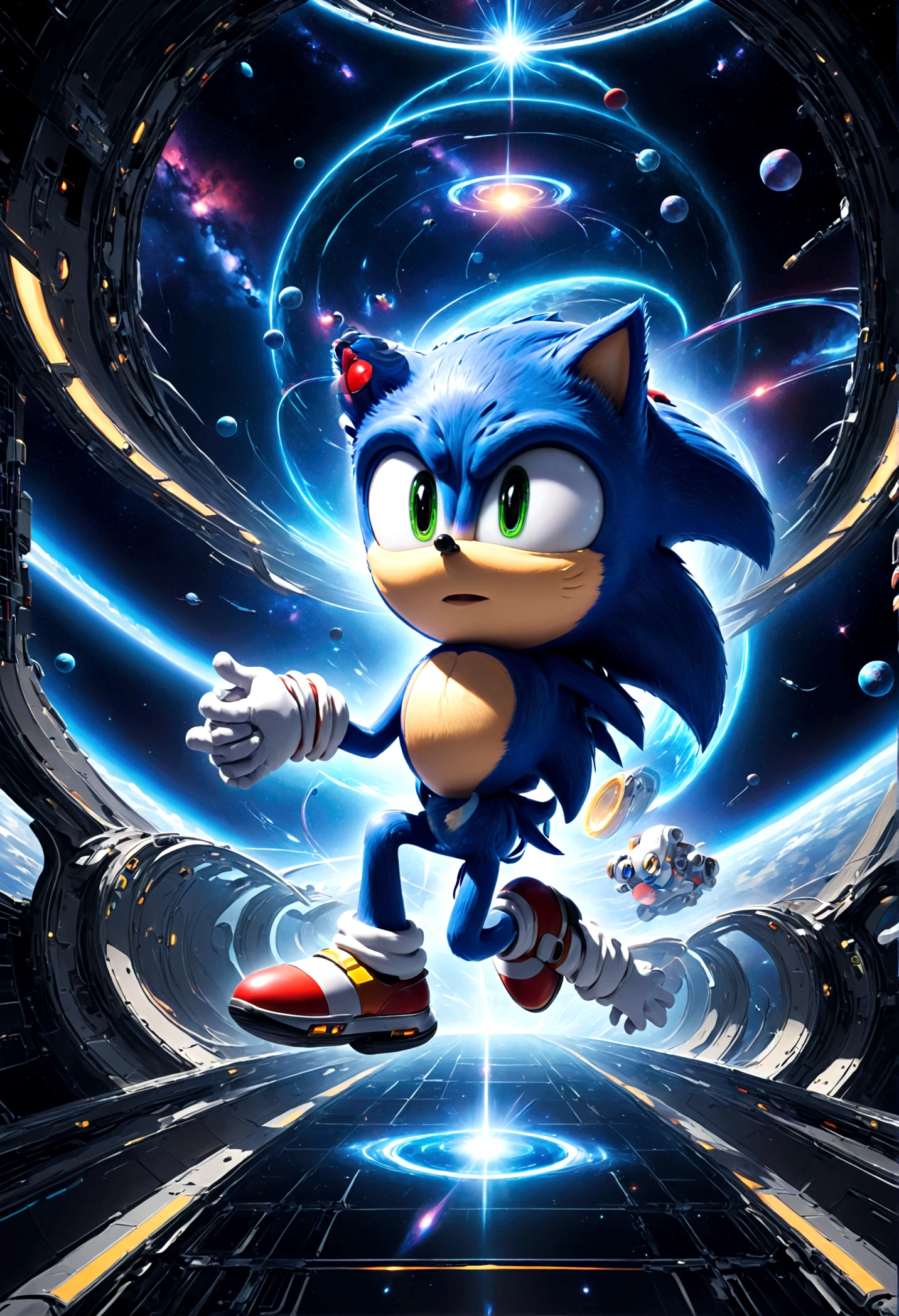 Sonic the Hedgehog, Sonic races in zero-gravity conditions within a high-tech space station. He must use magnetic and gravity conversion devices to maintain balance on rotating corridors and floating platforms, avoiding being hit by space debris, completing interstellar missions, solo, Sonic Movie, running, Motion Blur, action-lines, speed-lines, anime screenshot, source_anime, dramatic composition, cinematic dynamic action scene, vibrant colors, cinematic lighting, dramatic lighting, best quality, masterpiece, very aesthetic, perfect composition, intricate details, ultra-detailed