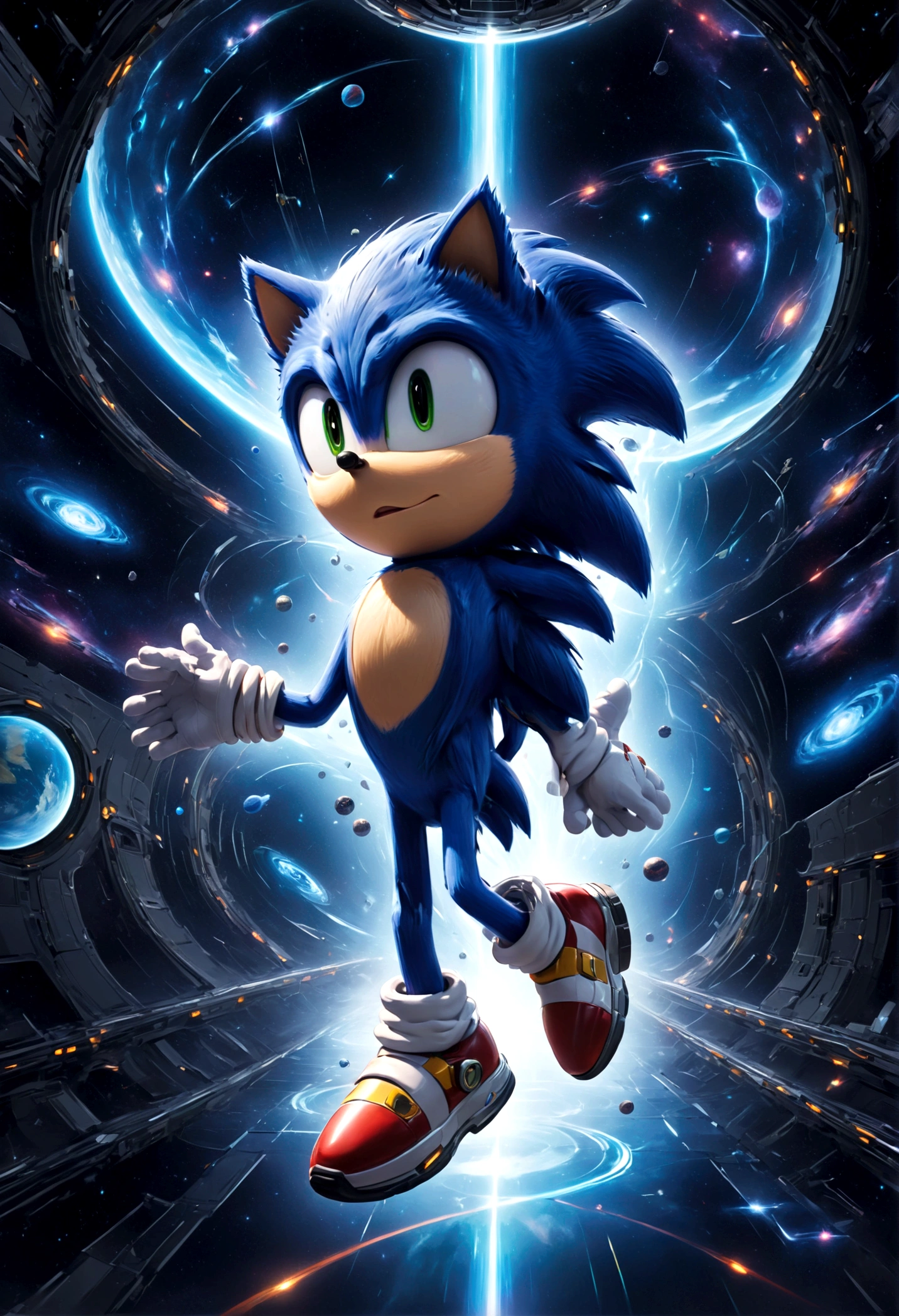 Sonic the Hedgehog, Sonic races in zero-gravity conditions within a high-tech space station. He must use magnetic and gravity conversion devices to maintain balance on rotating corridors and floating platforms, avoiding being hit by space debris, completing interstellar missions, solo, Sonic Movie, running, Motion Blur, action-lines, speed-lines, anime screenshot, source_anime, dramatic composition, cinematic dynamic action scene, vibrant colors, cinematic lighting, dramatic lighting, best quality, masterpiece, very aesthetic, perfect composition, intricate details, ultra-detailed