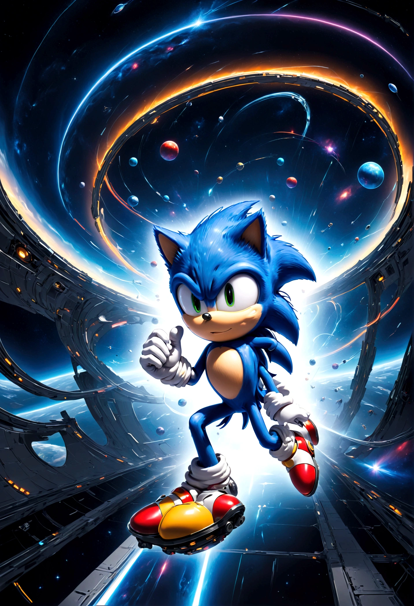 Sonic the Hedgehog, Sonic races in zero-gravity conditions within a high-tech space station. He must use magnetic and gravity conversion devices to maintain balance on rotating corridors and floating platforms, avoiding being hit by space debris, completing interstellar missions, solo, Sonic Movie, running, Motion Blur, action-lines, speed-lines, anime screenshot, source_anime, dramatic composition, cinematic dynamic action scene, vibrant colors, cinematic lighting, dramatic lighting, best quality, masterpiece, very aesthetic, perfect composition, intricate details, ultra-detailed