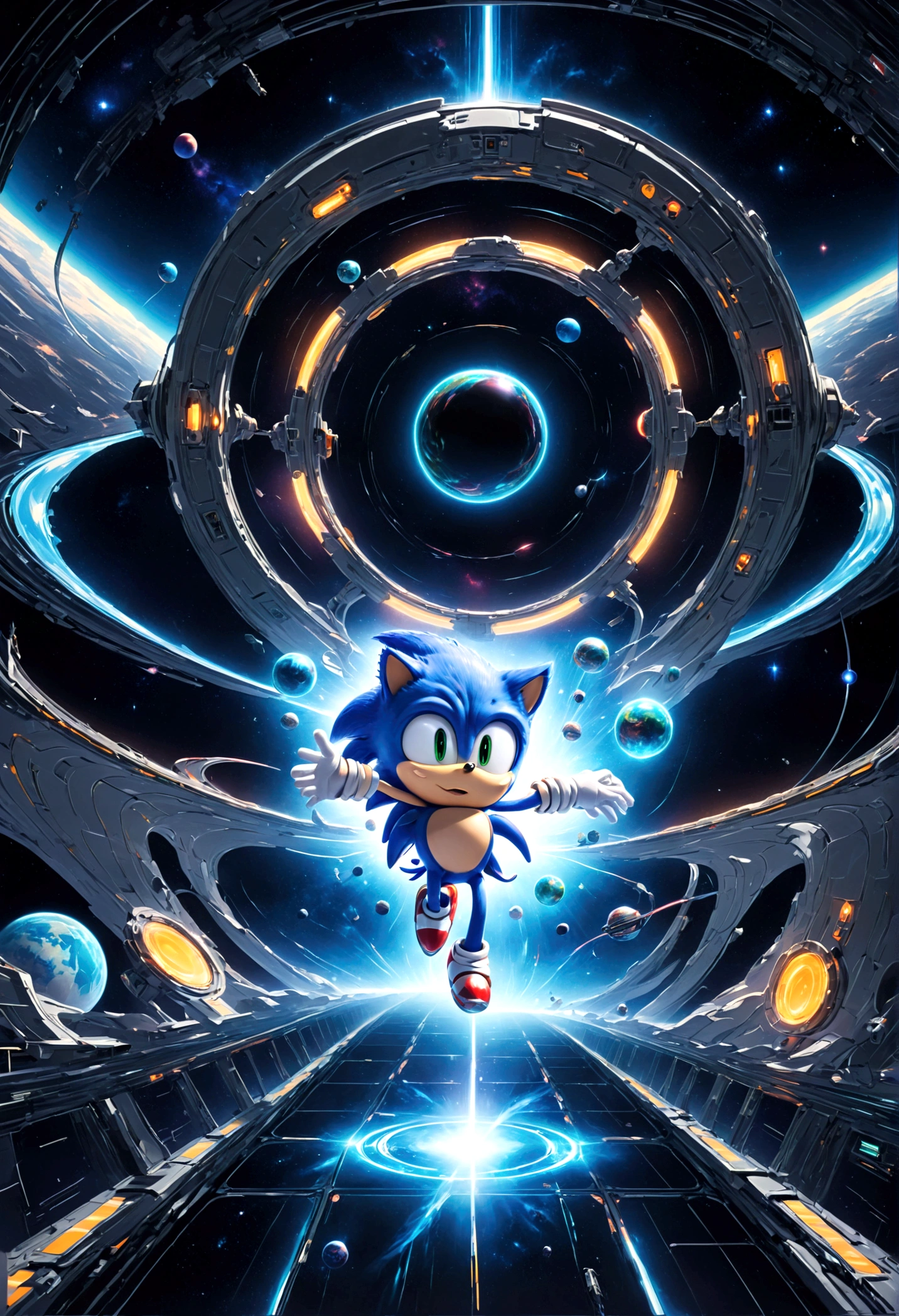 Sonic the Hedgehog, Sonic races in zero-gravity conditions within a high-tech space station. He must use magnetic and gravity conversion devices to maintain balance on rotating corridors and floating platforms, avoiding being hit by space debris, completing interstellar missions, solo, Sonic Movie, running, Motion Blur, action-lines, speed-lines, anime screenshot, source_anime, dramatic composition, cinematic dynamic action scene, vibrant colors, cinematic lighting, dramatic lighting, best quality, masterpiece, very aesthetic, perfect composition, intricate details, ultra-detailed