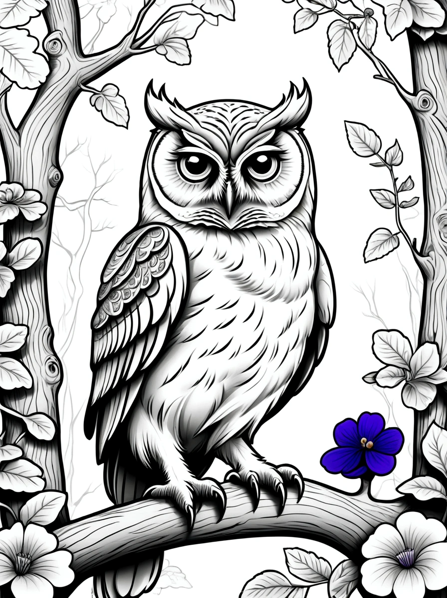 As a coloring book. White background, black and white, line drawing. No coloring. Borders should be simple, clear, distinct, and thick lines. By Cartoon style of owl, wide eyes, ancient oak forest, violets.