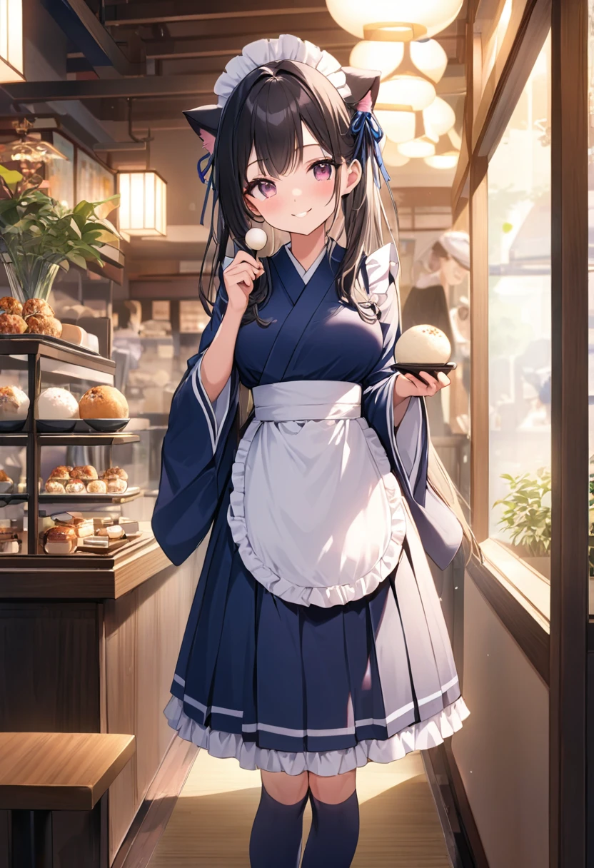 (8K, best quality, master piece: 1.2), super high resolution,1 beautiful girl,ultra-detailed face,cute eyes,(Holding a skewered rice cake ball in one hand、Each of the three mochi balls on the skewer is perfectly round.),standing,Maid outfit dress, cat ear catsuit,head dress,pink eyes, black hair, long hair,medium breasts,white apron, Navy Blue hakama skirt,wa maid,kimono,wide sleeves,frilled apron,lace trim,Navy Blue ribbon accents,Absolute area,Knee-high socks,smile ,Rim Light,indoors Japanese cafe