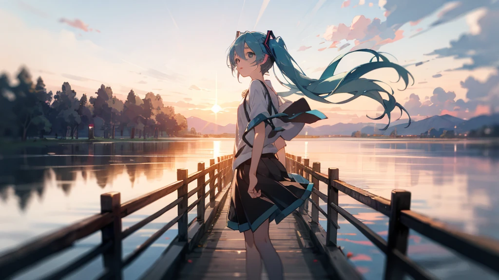 Hatsune Miku in the sunset、Standing on a wooden bridge beside a quiet lake。She is close to the camera、Gazing into the distance with a calm expression。Her hair flutters in the wind、In the background is a calm lake and a sunset sky.。
